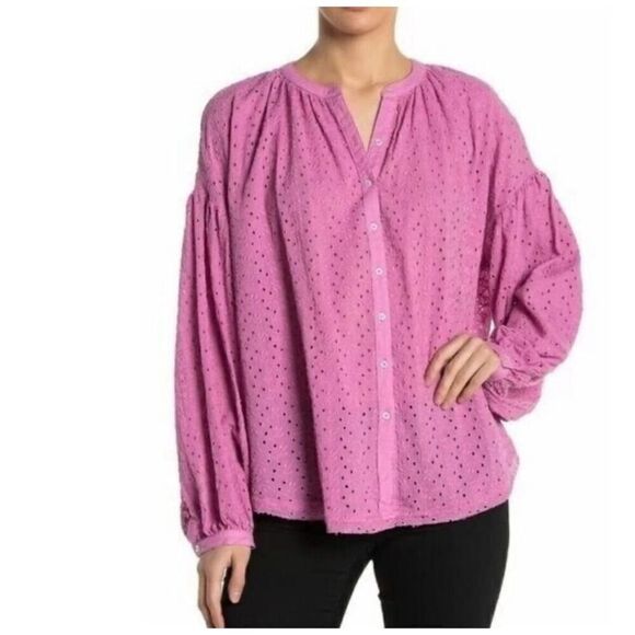 Free People Maddison Eyelet Blouse Orchid L Button Front Long Sleeve Oversized - Picture 16 of 16